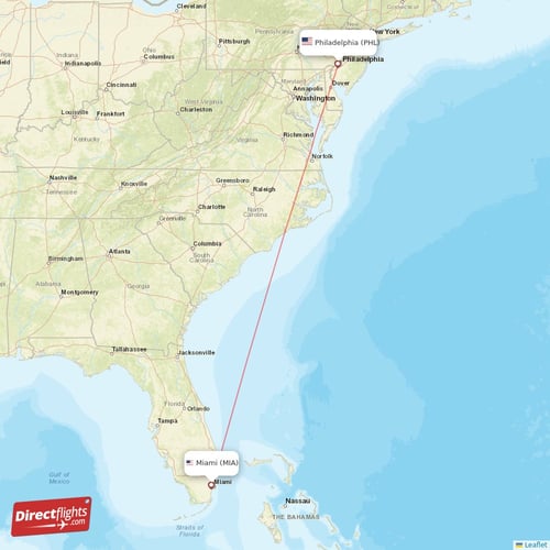 Miami - Philadelphia direct flight map