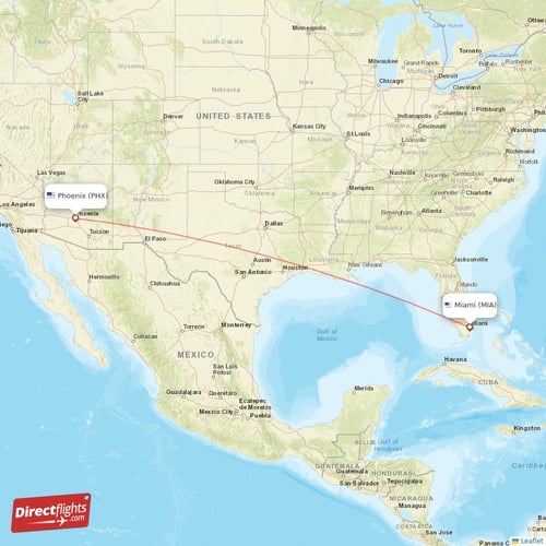 Miami - Phoenix direct flight map