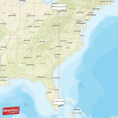 Miami - Pittsburgh direct flight map
