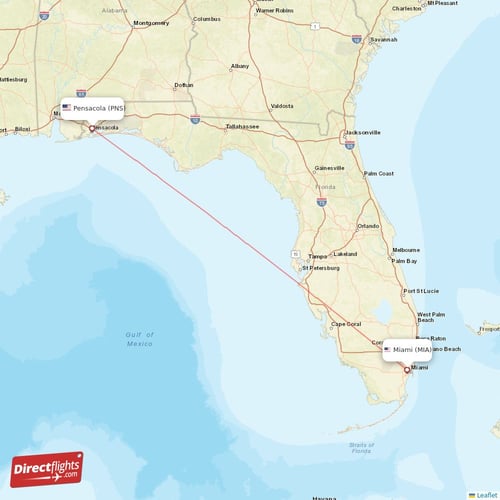 Miami - Pensacola direct flight map
