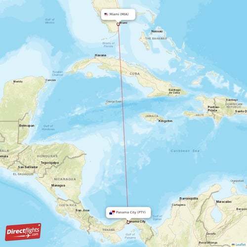 Miami - Panama City direct flight map