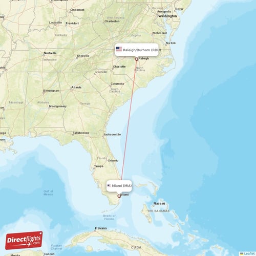 Miami - Raleigh/Durham direct flight map