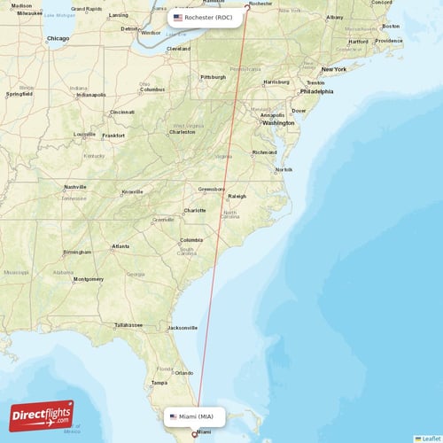 Miami - Rochester direct flight map