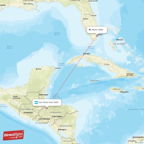Miami - San Pedro Sula direct flight map