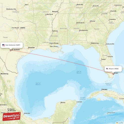 Miami - San Antonio direct flight map