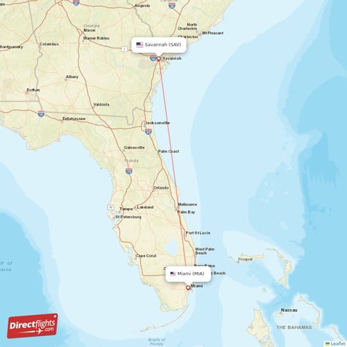 Miami - Savannah direct flight map