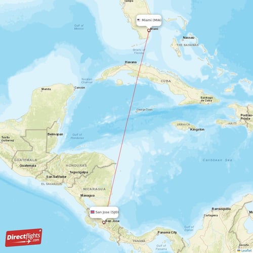 Miami - San Jose direct flight map