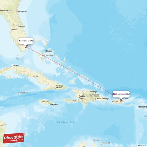 Miami - San Juan direct flight map