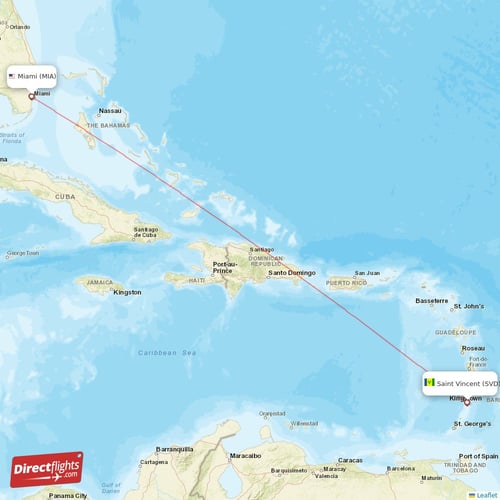 Miami - Saint Vincent direct flight map