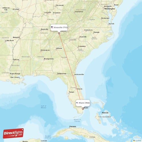Miami - Knoxville direct flight map