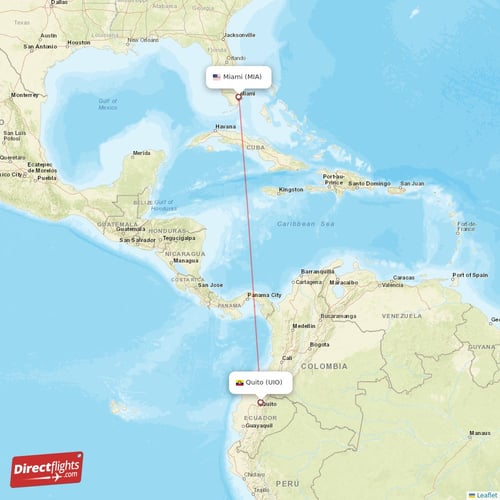 Miami - Quito direct flight map