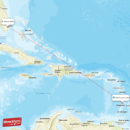 Miami - Saint Lucia direct flight map