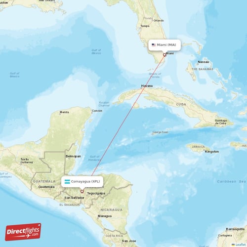 Miami - Comayagua direct flight map