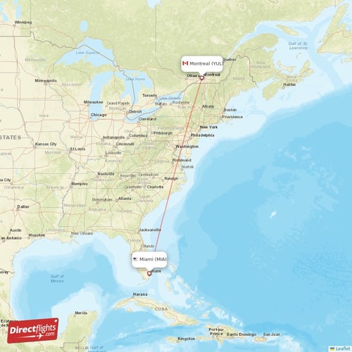 Miami - Montreal direct flight map