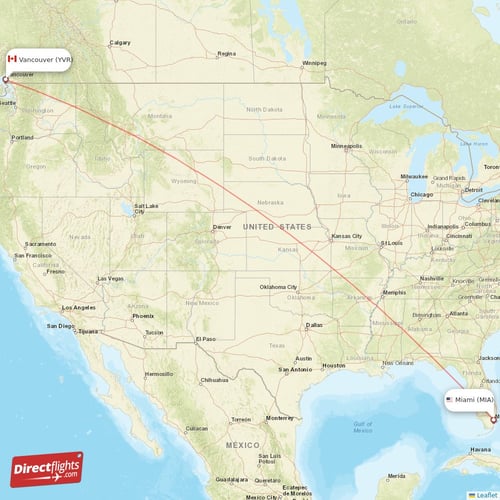 Miami - Vancouver direct flight map