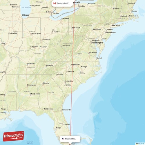 Miami - Toronto direct flight map