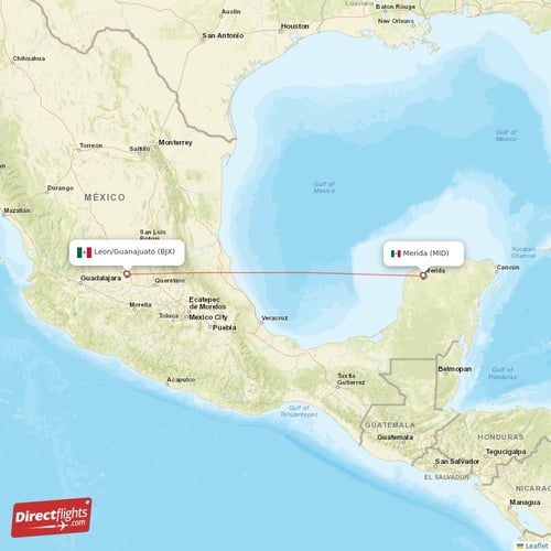 Merida - Leon/Guanajuato direct flight map