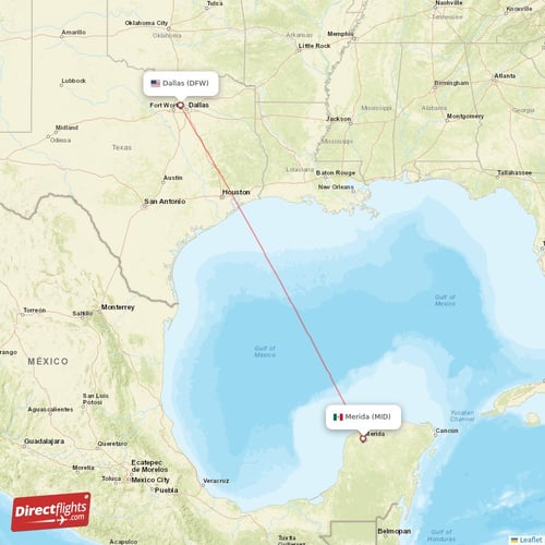 Merida - Dallas direct flight map