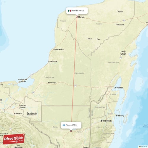 Merida - Flores direct flight map