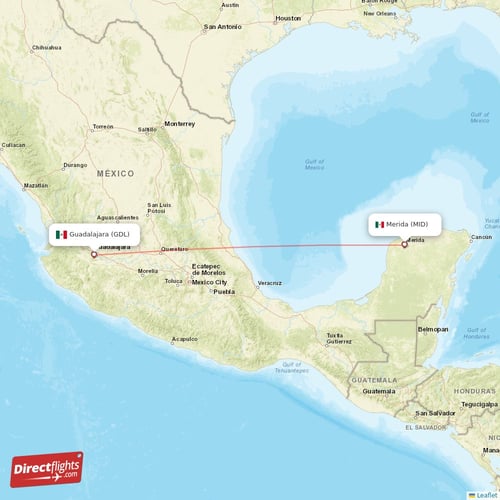 Merida - Guadalajara direct flight map