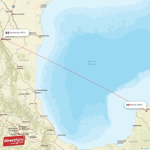 Merida - Monterrey direct flight map