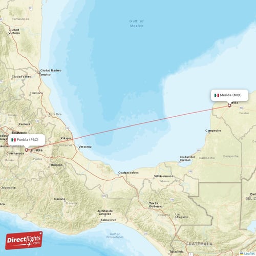 Merida - Puebla direct flight map