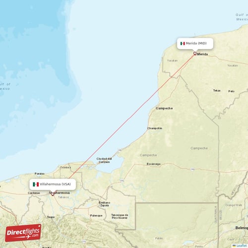 Merida - Villahermosa direct flight map