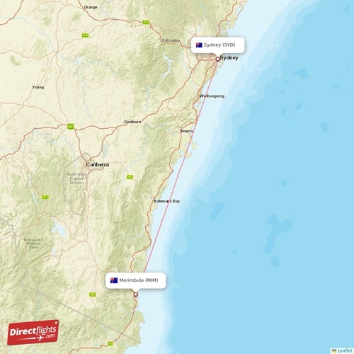Merimbula - Sydney direct flight map