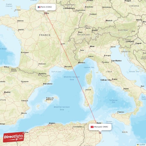Monastir - Paris direct flight map