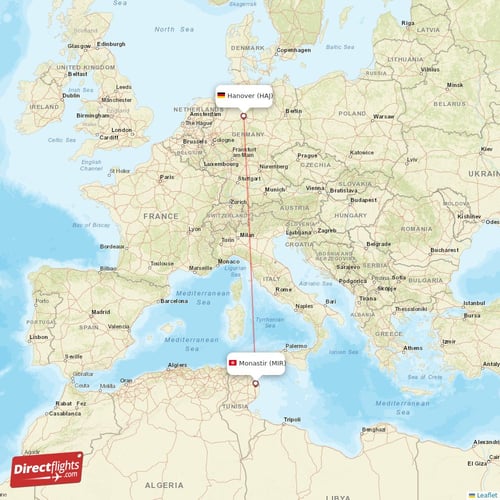 Monastir - Hanover direct flight map