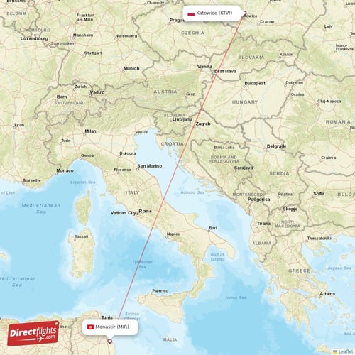 Monastir - Katowice direct flight map