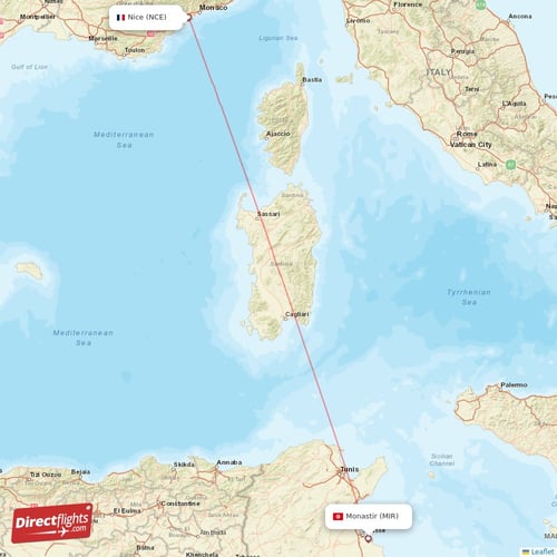 Monastir - Nice direct flight map