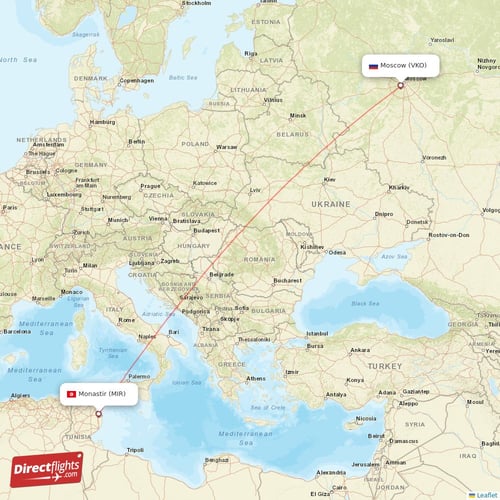 Monastir - Moscow direct flight map