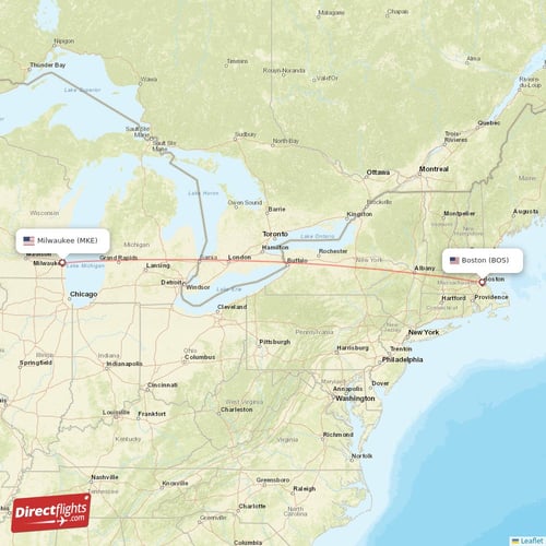 Milwaukee - Boston direct flight map