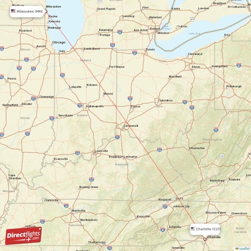 Milwaukee - Charlotte direct flight map