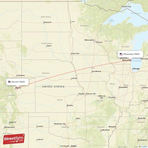 Milwaukee - Denver direct flight map