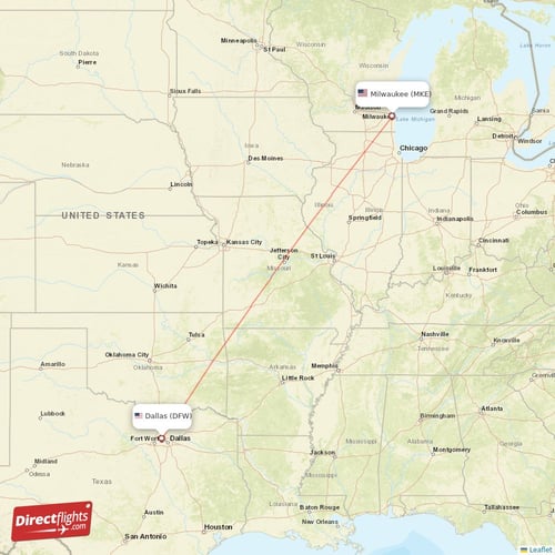 Milwaukee - Dallas direct flight map