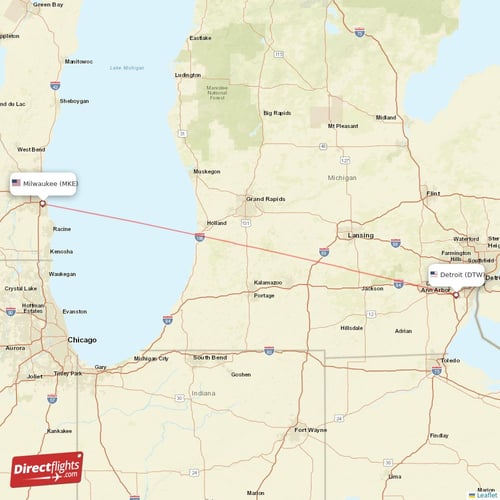 Milwaukee - Detroit direct flight map