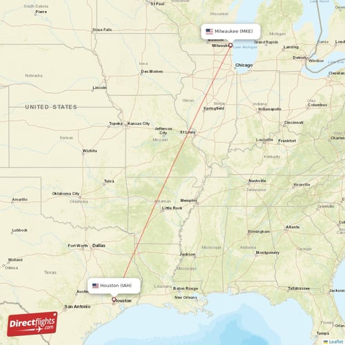 Milwaukee - Houston direct flight map