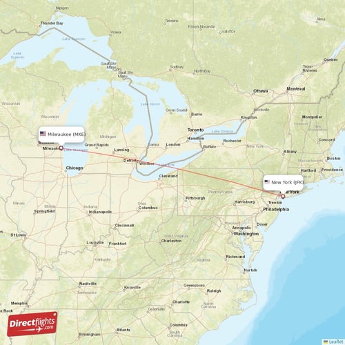 Milwaukee - New York direct flight map