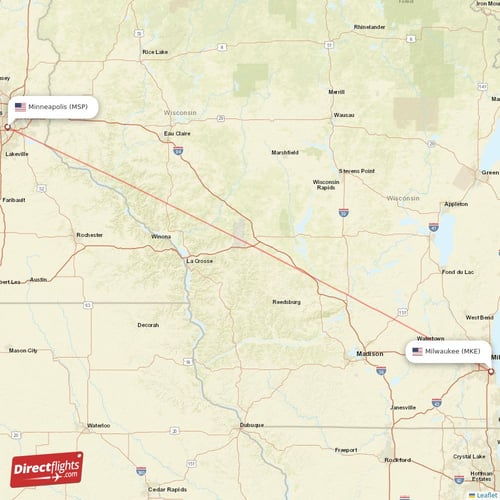 Milwaukee - Minneapolis direct flight map