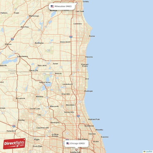 Milwaukee - Chicago direct flight map