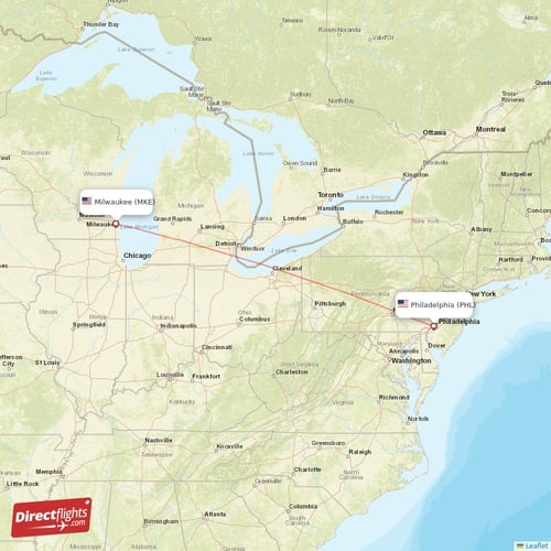 Milwaukee - Philadelphia direct flight map