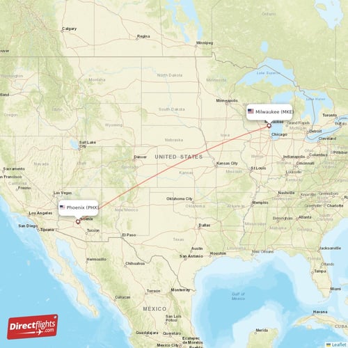 Milwaukee - Phoenix direct flight map
