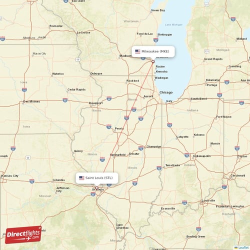 Milwaukee - Saint Louis direct flight map