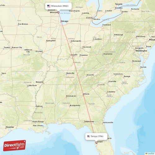 Milwaukee - Tampa direct flight map