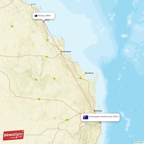 Mackay - Coolangatta (Gold Coast) direct flight map