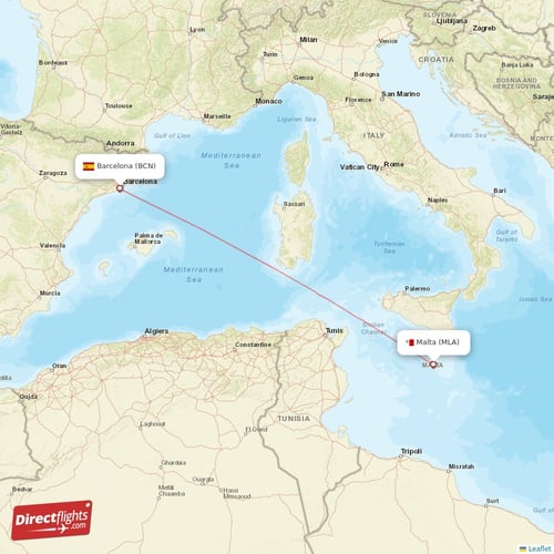 Malta - Barcelona direct flight map