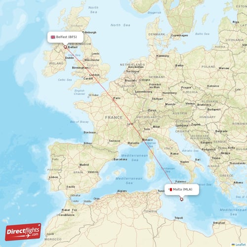 Malta - Belfast direct flight map