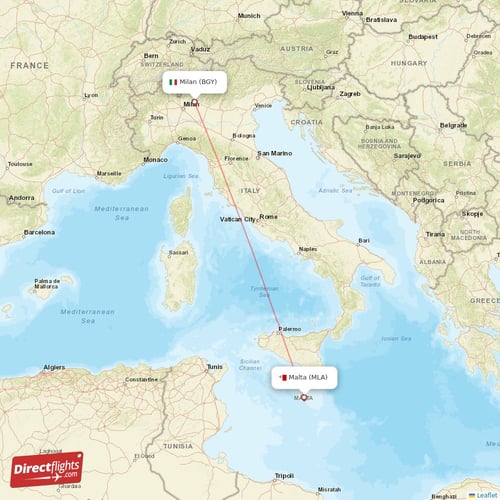 Malta - Milan direct flight map